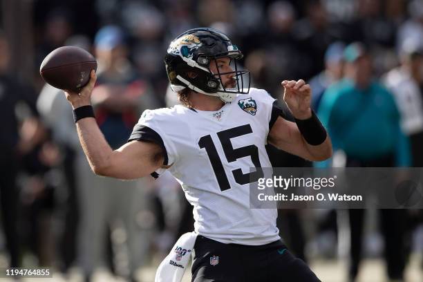 Quarterback Gardner Minshew II of the Jacksonville Jaguars passes against the Oakland Raiders during the first quarter at RingCentral Coliseum on...