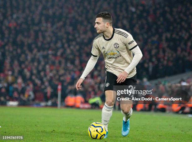 Manchester United's Diogo Dalot during the Premier League match between Liverpool FC and Manchester United at Anfield on January 19, 2020 in...