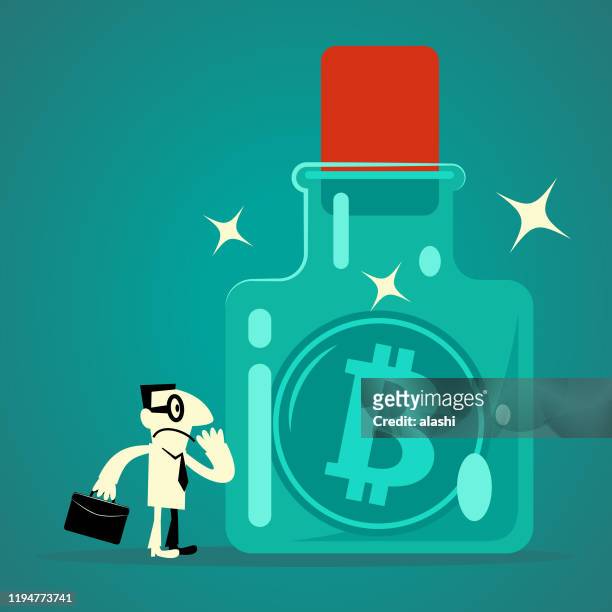 ilustrações, clipart, desenhos animados e ícones de homem de negócios que olha um bitcoin (criptomoeda) no frasco de vidro confinado do espaço com uma cortiça - cork stopper