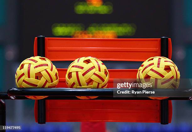 Sepaktakraw balls are seen during day one of the ISTAF Sepaktakraw World Cup ay Titiwangsa Stadium on July 21, 2011 in Kuala Lumpur, Malaysia.