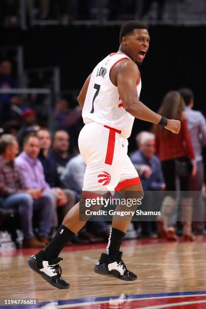 Kyle Lowry of the Toronto Raptors reacts to a first half three point basket against the Detroit Pistons at Little Caesars Arena on December 18, 2019...