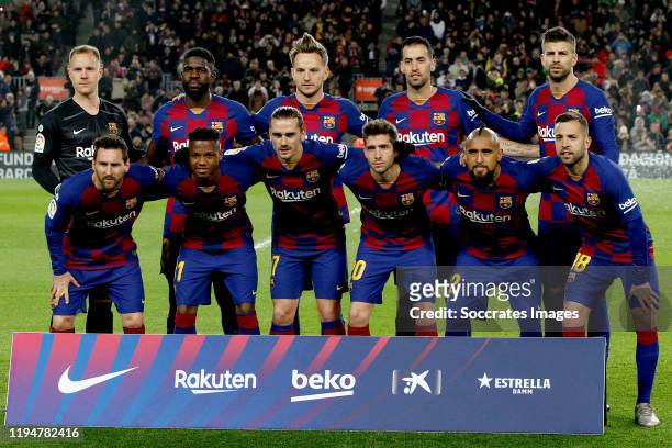 Marc Andre ter Stegen of FC Barcelona, Lionel Messi of FC Barcelona, Samuel Umtiti of FC Barcelona, Ansu Fati of FC Barcelona, Ivan Rakitic of FC...