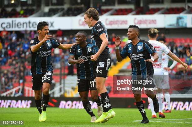 Marcel Ruiz of Queretaro celebrates after scoring the second goal of his team during the 2nd round match between Queretaro and Tijuana as part of the...