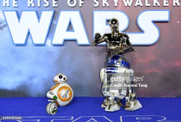 And R2-D2 attend the "Star Wars: The Rise of Skywalker" European Premiere at Cineworld Leicester Square on December 18, 2019 in London, England.