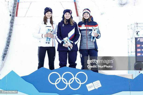 Josephine from France , SHPYNEVA Anna from Russia and PTACKOVA Stepanka from Czech Republic receive their mascots during mascot ceremony of Women's...