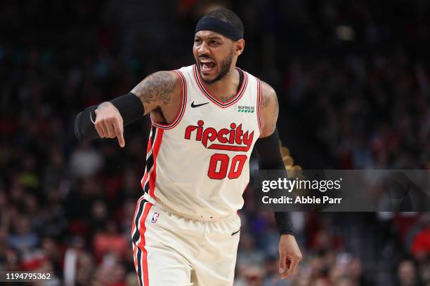 Carmelo Anthony of the Portland Trail Blazers reacts in the second quarter against the Golden State Warriors during their game at Moda Center on...