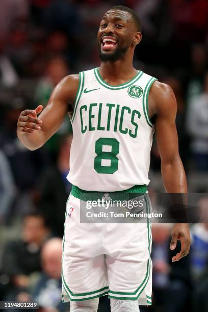 Kemba Walker of the Boston Celtics reacts against the Dallas Mavericks in the second half at American Airlines Center on December 18, 2019 in Dallas,...