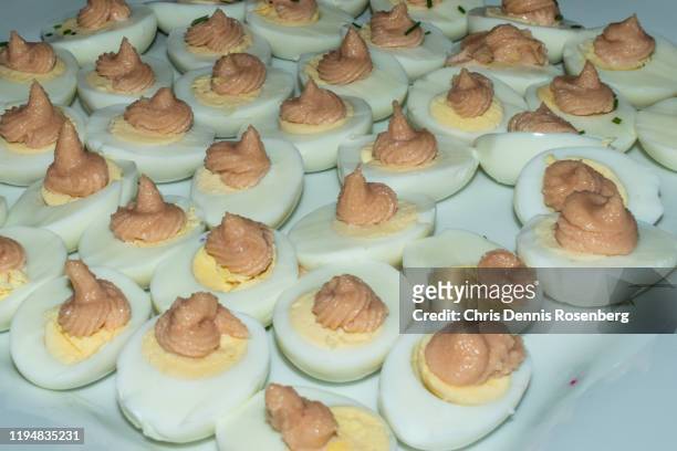 deviled eggs. - hard boiled eggs stock-fotos und bilder