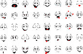 Cartoon comics faces set, Smiling, crying and surprised character face icons. Happy or sad comic emotions collection.