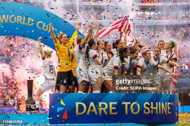 Women's national team celebrating with trophy after the 2019 FIFA Women's World Cup Final match between The United States of America and The...