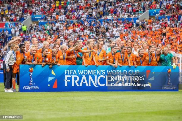 Netherlands women's national team celebrating second place in the tournament after the 2019 FIFA Women's World Cup Final match between The United...