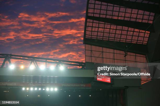 General view at sunset during the Premier League match between Liverpool FC and Manchester United at Anfield on January 19, 2020 in Liverpool, United...