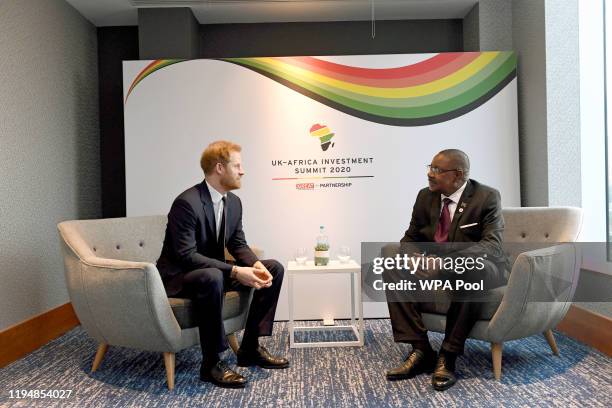 Prince Harry, Duke of Sussex meets President of Malawi Arthur Peter Mutharika during the UK-Africa Investment Summit at the Intercontinental Hotel on...