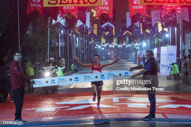 Tirtha, winner of the half-marathon, during the 17th edition of Tata Mumbai Marathon, on January 19, 2020 in Mumbai, India.