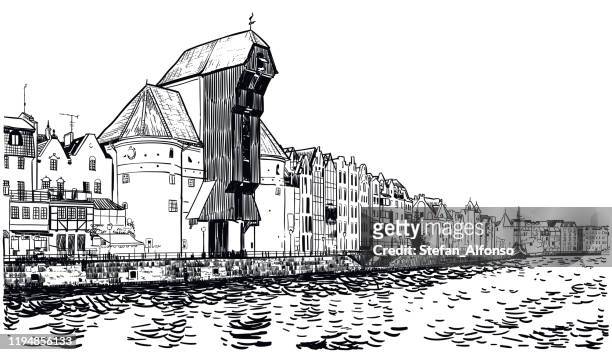 vector drawing of waterfront in gdansk including famous medieval crane - gdansk stock illustrations