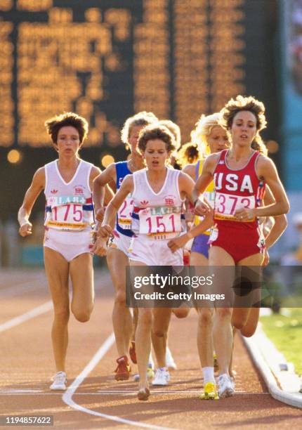 Zola Budd Mary Decker and Wendy Sly in action during the final of the 1984 Olympic Women's 3000 metres at the Memorial Coliseum on August 10th, 1984...