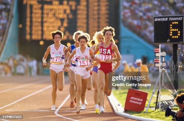 Zola Budd Mary Decker and Wendy Sly in action during the final of the 1984 Olympic Women's 3000 metres at the Memorial Coliseum on August 10th, 1984...