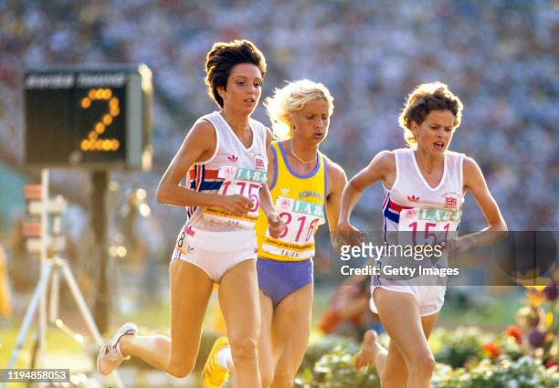 Gold Medal Winner Maricica Puica ROM, Zola Budd GBR and Wendy Sly GBR in action during the final of the 1984 Olympic Women's 3000 metres at the...