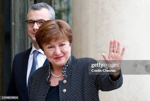 International Monetary Fund Managing Director Kristalina Georgieva is welcomed by General secretary of the presidency Alexis Kohler as she arrives at...