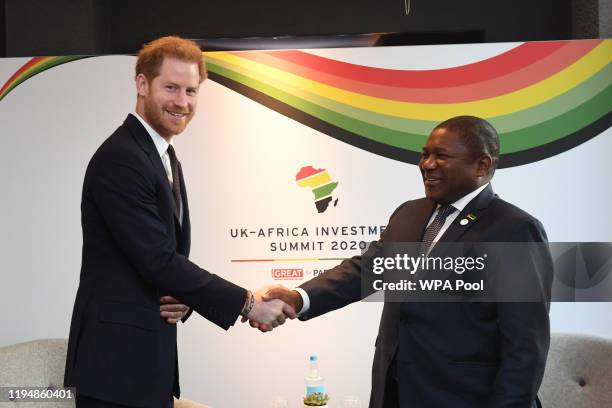 Prince Harry, Duke of Sussex meets President of Mozambique Filipe Nyusi during the UK-Africa Investment Summit at the Intercontinental Hotel on...