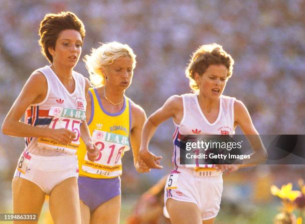 Gold Medal Winner Maricica Puica ROM, Zola Budd GBR and Wendy Sly GBR in action during the final of the 1984 Olympic Women's 3000 metres at the...