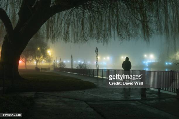 a mysterious moody hooded figure silhouetted against street lights by a river on a foggy atmospheric winters night - soul city ストックフォトと画像