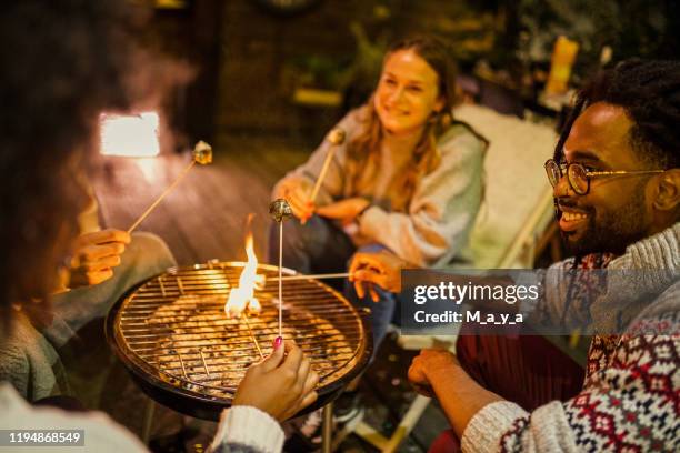 freunde rösten marshmallows im hinterhof - smore stock-fotos und bilder