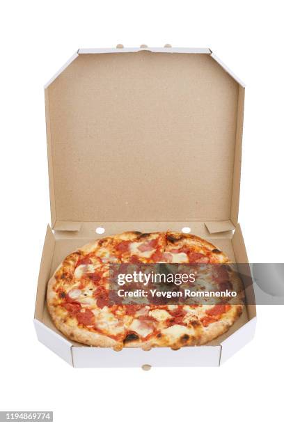 pepperoni pizza in a box on a white background - pizzaschachtel stock-fotos und bilder