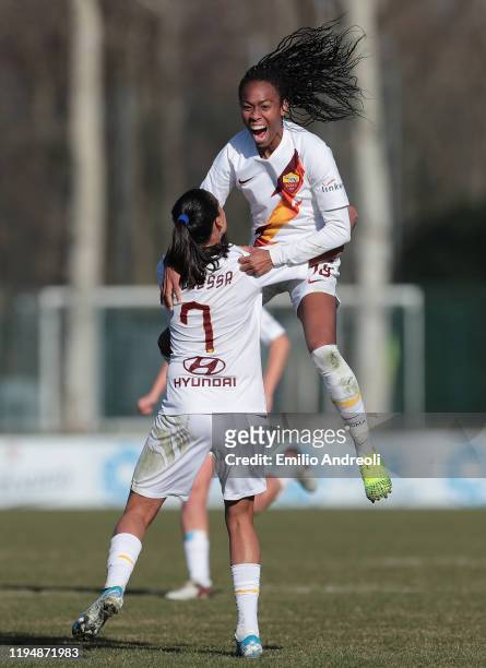 Lindsey Thomas of AS Roma celebrates his second goal with her team-mate Andressa Alves da Silva during the Women Serie A match between AC Milan and...