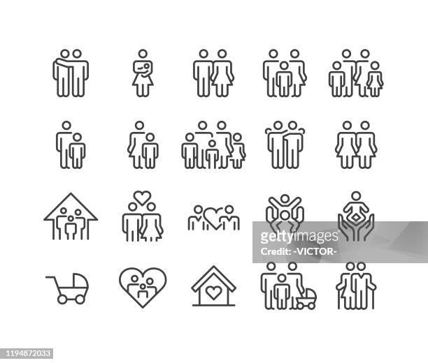 family relationship icons - classic line series - four people stock illustrations