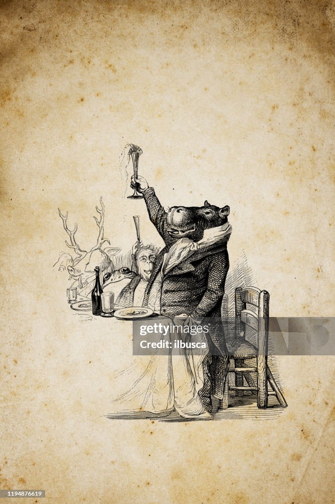 Humanized animals illustrations: Hippo toasting
