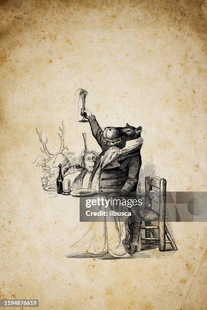 humanized animals illustrations: hippo toasting - hippopotamus stock illustrations