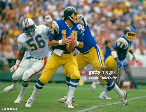 Dan Fouts, Quarterback for the San Diego Chargers prepares to throw the ball during the American Football Conference Division Playoff game against...