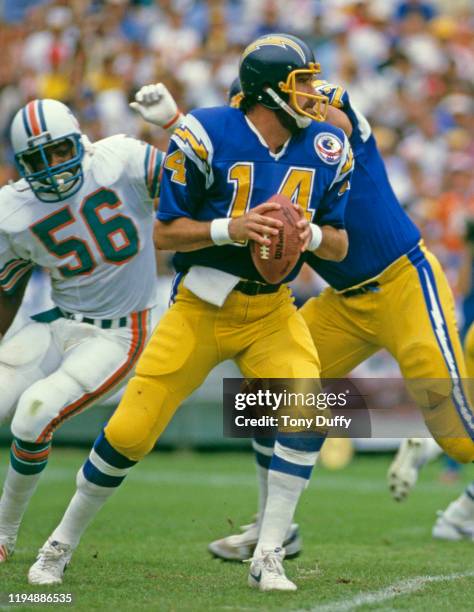 Dan Fouts, Quarterback for the San Diego Chargers prepares to throw the ball during the American Football Conference Division Playoff game against...