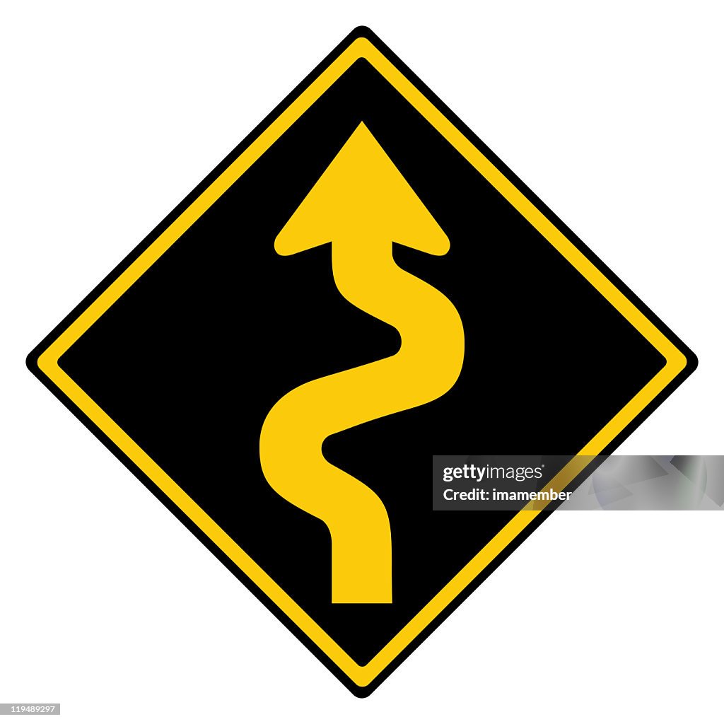 Road sign winding road in reverse colours isolated on white