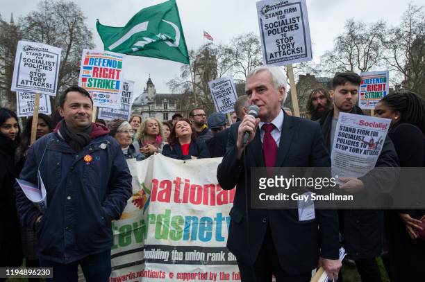 Labour MP John McDonnell speaks at the RMT protest outside Parliament during the Queens Speech on December 19, 2019 in London, England. The RMT Trade...