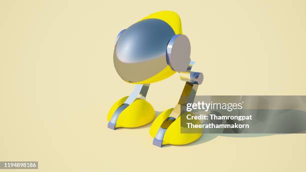 3d rendering two legs robotics with gyroscope on yellow background. futuristics technology and vehicle robot concept. - 3d printen factory stockfoto's en -beelden