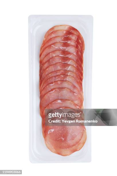 plastic vacuum tray with sliced raw smoked sausage isolated on white top-view. packaging template mockup collection. - meat packaging imagens e fotografias de stock