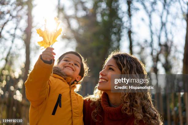 schöne mutter mit blick auf ein blatt, das ihr sohn an einem sonnigen herbsttag im park hält - familie vor wald stock-fotos und bilder