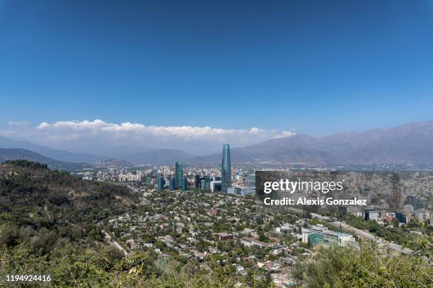 santiago financial district from san cristobal hill - chile aerial stock pictures, royalty-free photos & images