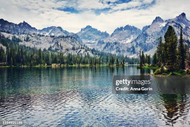 Jagged Peaks Overlooking Alice Lake In The Sawtooth Mountains Outside Stanley Summer Afternoon Toned Image Effect High-Res Stock Photo