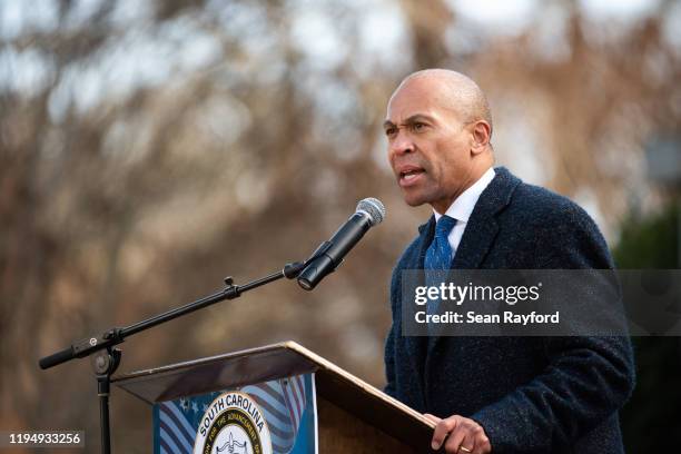 Democratic presidential candidate former Massachusetts Governor Deval Patrick addresses the crowd during the King Day at the Dome rally on January...