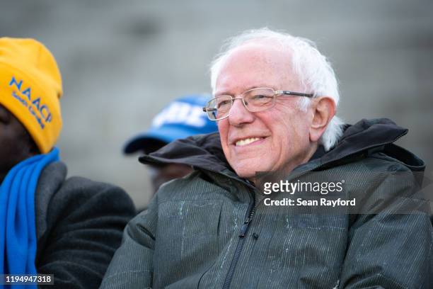 Democratic presidential candidate, Sen. Bernie Sanders looks out at the crowd during King Day at the Dome March and Rally on January 20, 2020 in...