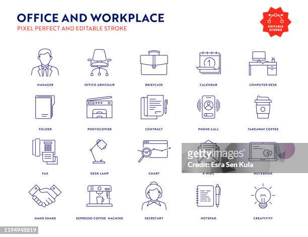 illustrazioni stock, clip art, cartoni animati e icone di tendenza di set di icone di office e workplace con tratto modificabile e pixel perfetti. - ufficio
