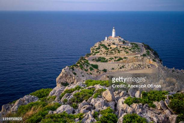 majorca mallorca lighthouse cap formentor evening landscape nature mediterranean sea spain travel copy space - cabo formentor stock pictures, royalty-free photos & images