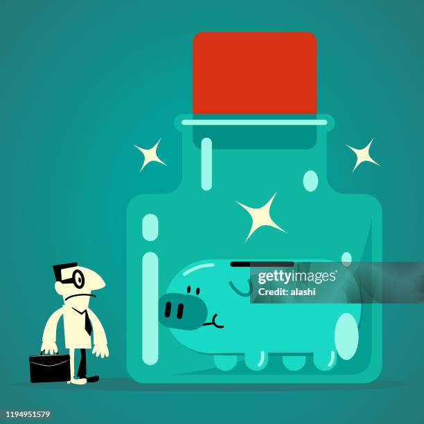 ilustrações, clipart, desenhos animados e ícones de homem de negócios que olha um banco piggy no frasco de vidro confinado do espaço com uma cortiça - cork stopper