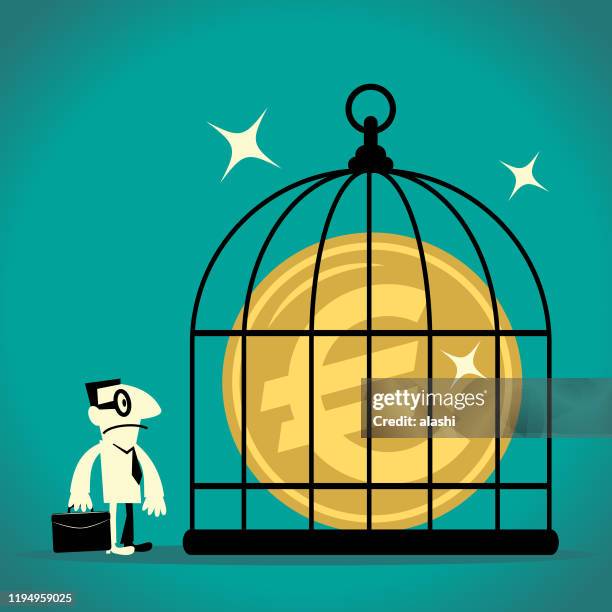 businessman looking at an euro sign currency in a cage (birdcage) - trapped illustration stock illustrations