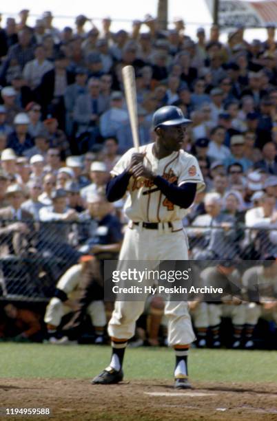 Hank Aaron of the Milwaukee Braves bats during an MLB Spring Training game against the New York Yankees circa March, 1958 in Bradenton, Florida.