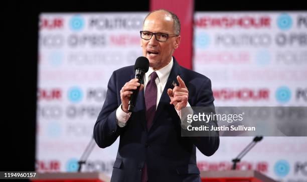 Democratic National Committee Chairman Tom Perez speaks to the audience ahead of the Democratic presidential primary debate at Loyola Marymount...
