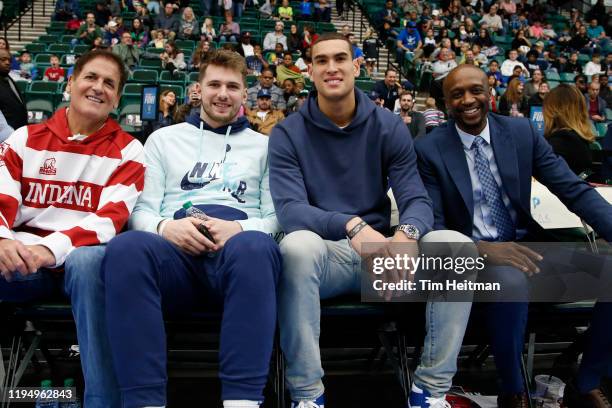 Mark Cuban owner of the Dallas Mavericks, Luka Doni of the Dallas Mavericks Dwight Powell of the Dallas Mavericks and Jason Terry Assistant General...